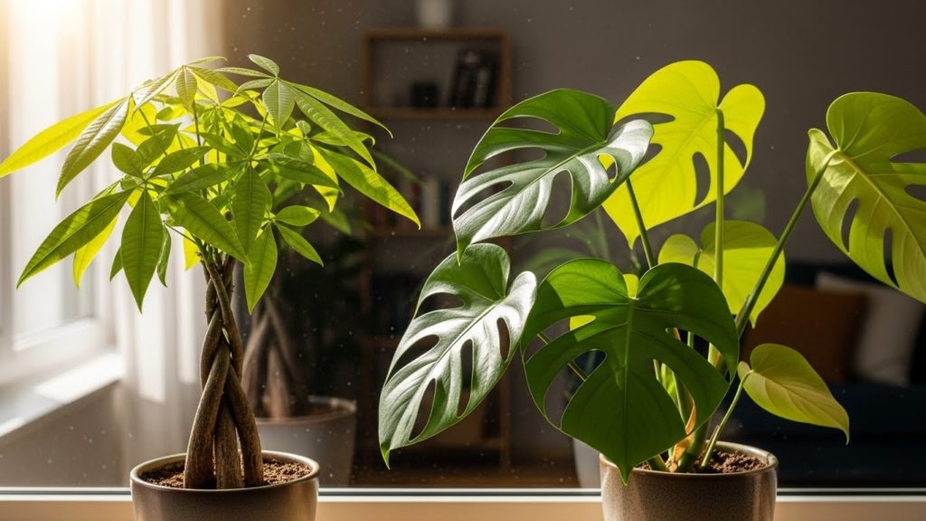 日当たりの良いリビングの窓辺に置かれた、元気なパキラやモンステラのアップ