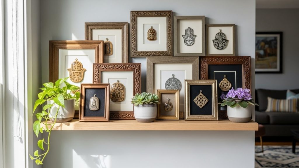 清潔なリビングの棚に、観葉植物と並んで額装された護符が飾られている様子