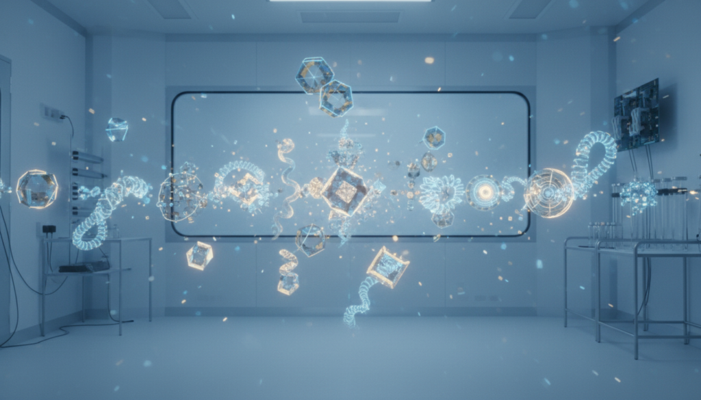 空間に漂う微細なエネルギー粒子が整列し、浄化されていく量子レベルのイメージ