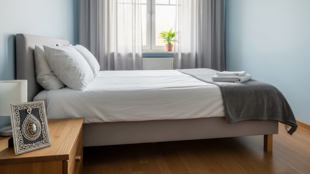 静かで清潔な寝室。サイドテーブルに額装された護符が飾られているイメージ