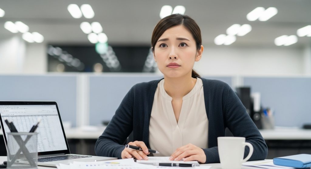 悩んでいるが、前を向こうとしている30代男性または女性のデスクワーク風景