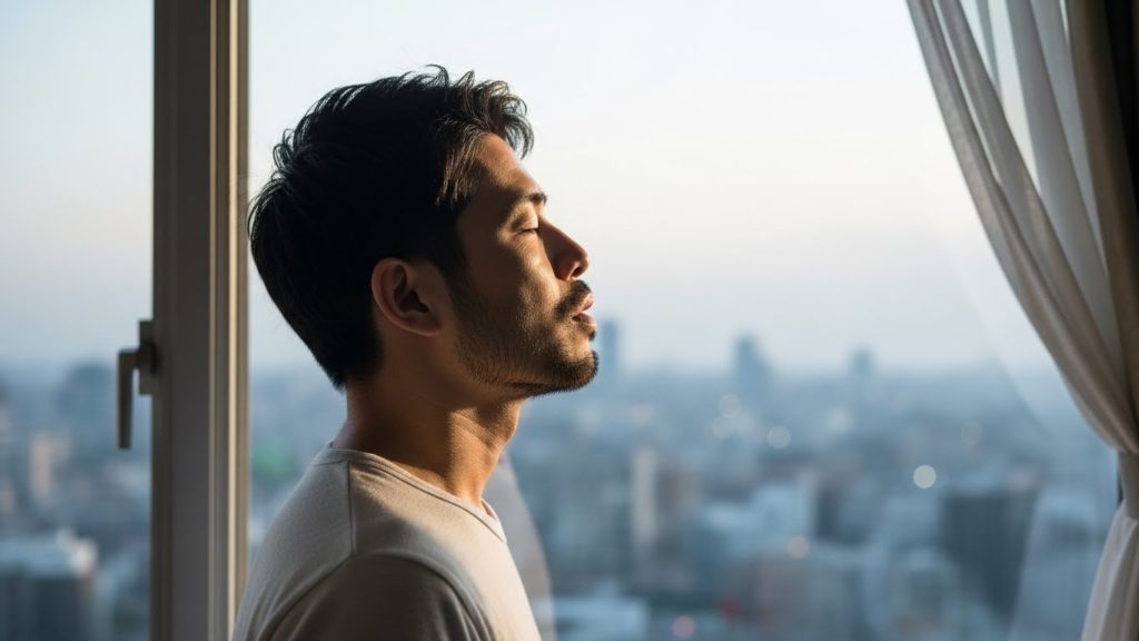 窓辺でリラックスして深呼吸をしている30代日本人男性の横顔