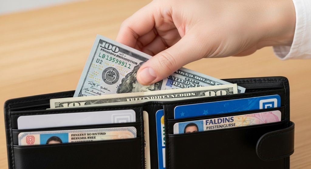 財布の中身を整理している手元のアップ、清潔感のあるイメージ