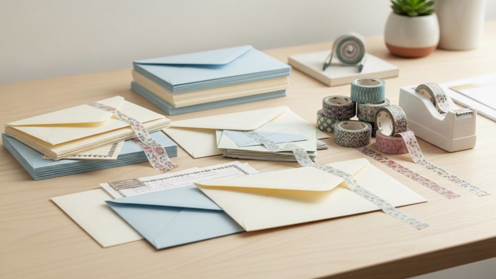 清潔な部屋のデスクに大切そうに置かれた封筒や和紙のイメージ