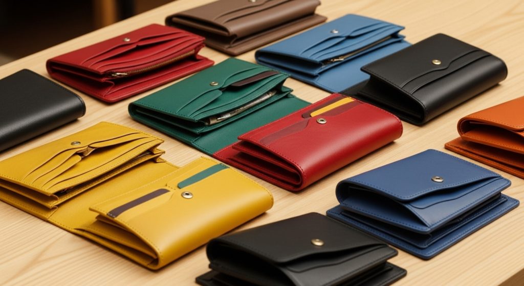 さまざまな色の財布やカラーサンプルのイメージ