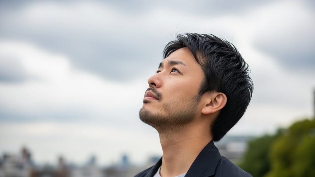 曇り空を見上げながら、少し考え事をしている30代日本人男性