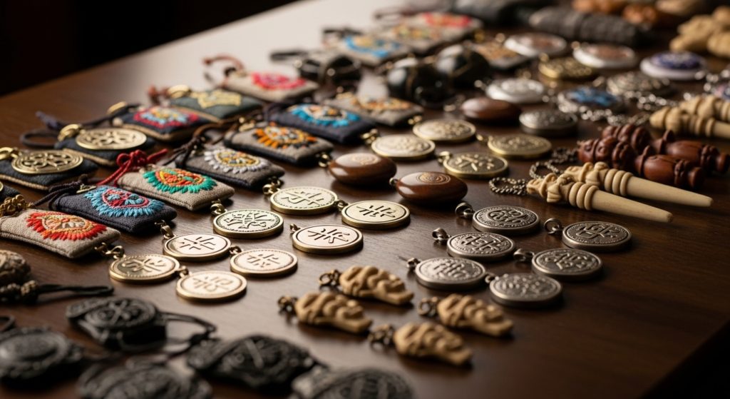 木製のトレーに整然と並べられた色とりどりの日本のお守り