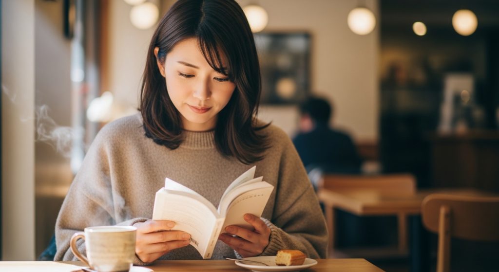 温かい飲み物を飲みながら、静かに本を読んでいる女性の手元
