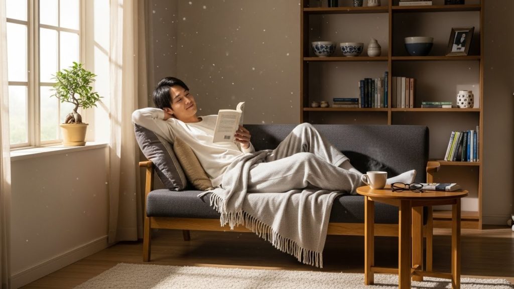 整理整頓された部屋で、リラックスして本を読んでいる様子