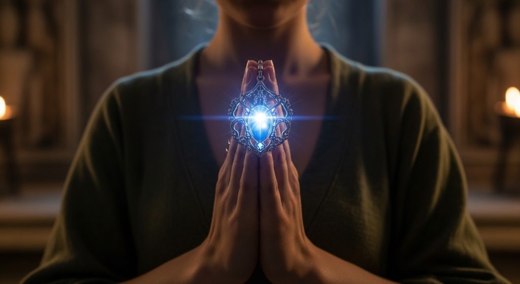 両手でお守りを包み込むように持ち感謝している様子の手元