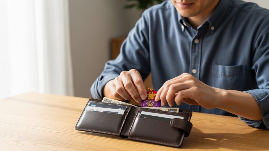 バッグの内ポケットにお守りを丁寧にしまっている30代日本人男性の手元