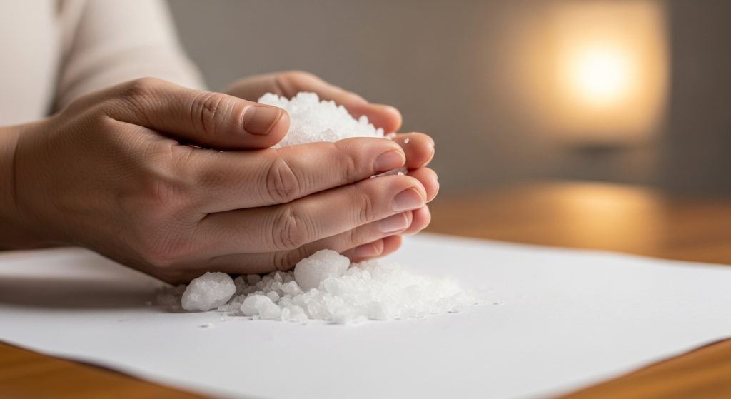 白い紙と粗塩を用意し、自宅で清める準備をしている手元