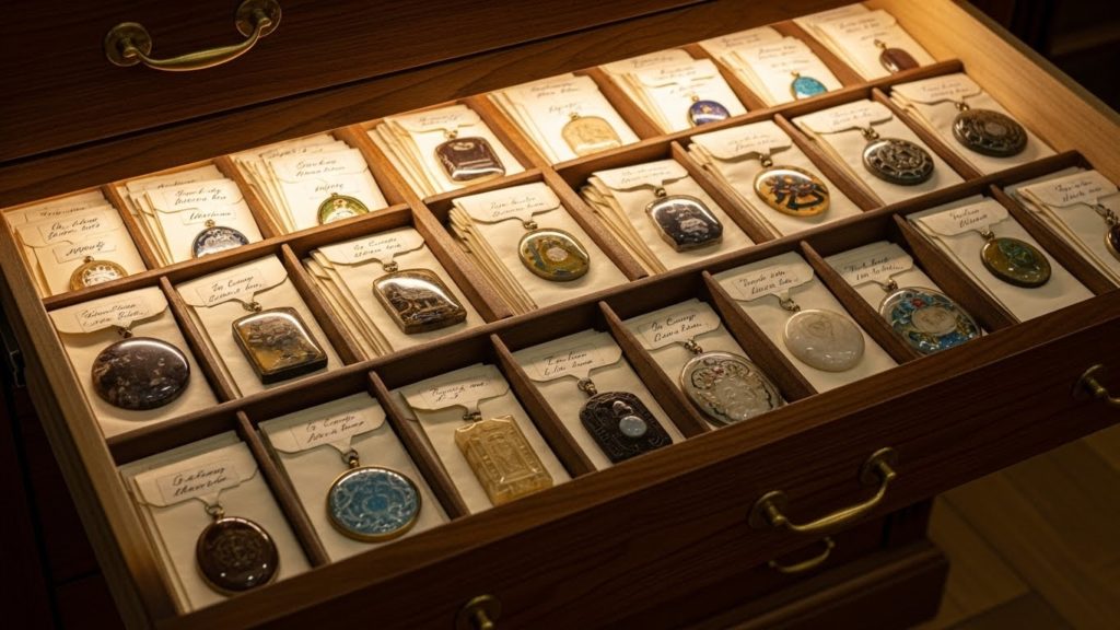 整頓された引き出しの中に、封筒に入れた護符を大切にしまっている様子