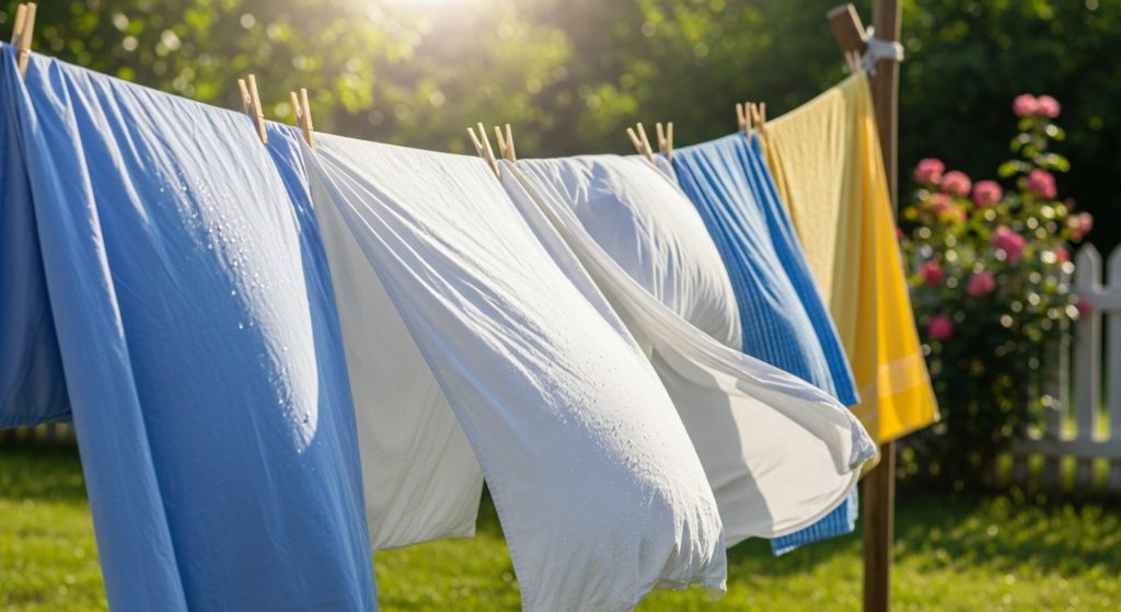 太陽の下で干されている清潔なシーツや枕カバー