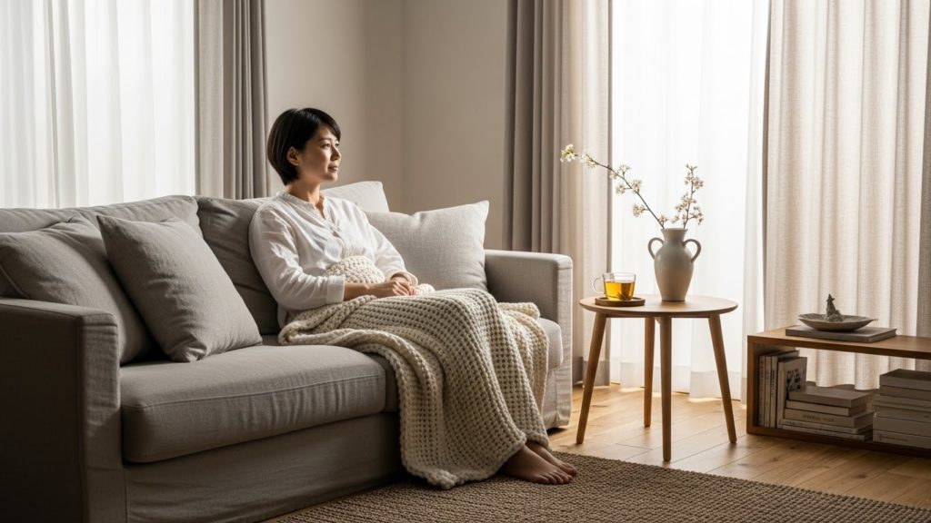 間接照明の中でリラックスして過ごすHSPの女性