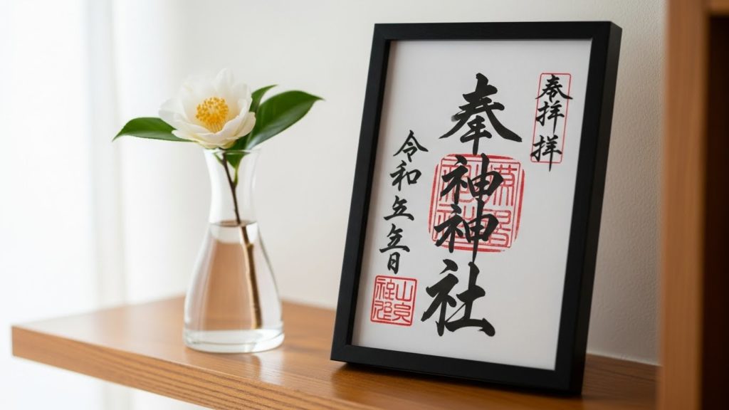 清潔な棚に飾られた命泉庵ご祈念堂の主護符と一輪挿し