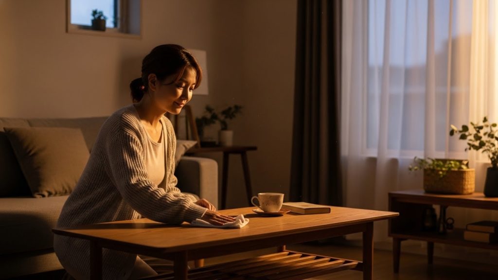 夜のリビングでテーブルを拭き掃除する30代日本人女性