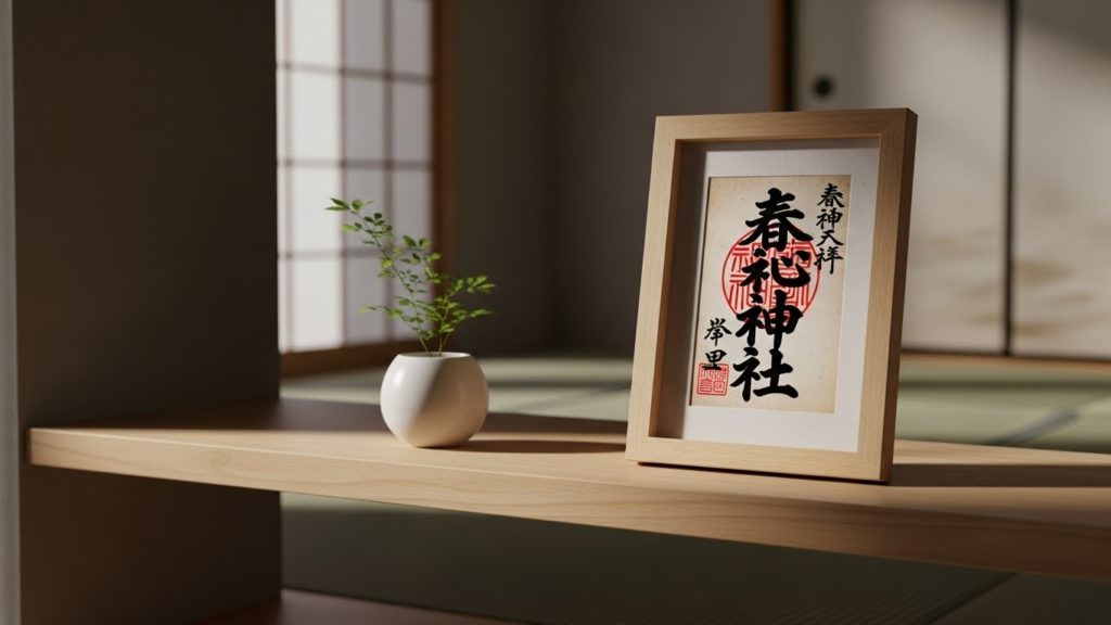 清潔な棚の上に飾られた額装された主護符