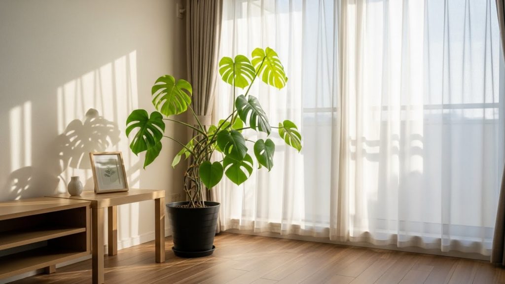 日の光が差し込むリビングに置かれたモンステラの観葉植物