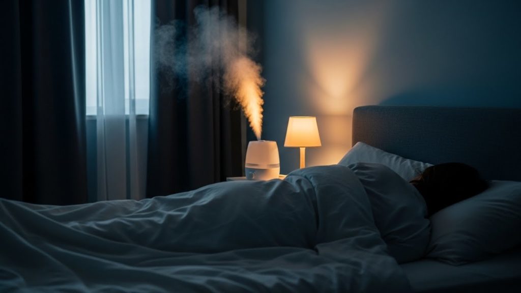 加湿器の蒸気が上がり、静かで薄暗い寝室で休息をとっているイメージ