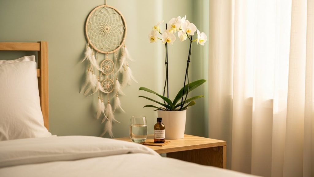 清潔なサイドテーブルに、薬や水と一緒に「主護符」が飾られ、安心感のある寝室の様子