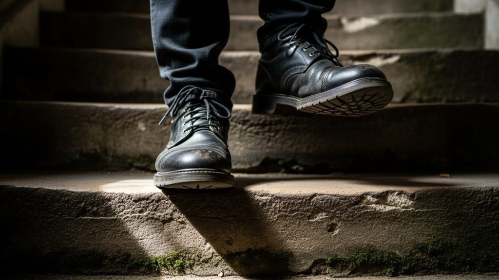 慎重に足元を確認しながら階段を上っている男性の足元