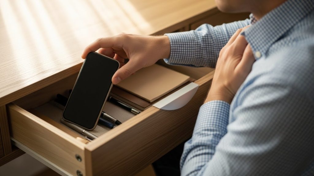 スマートフォンを机の引き出しの奥にしまい、少し深呼吸をして落ち着いている様子