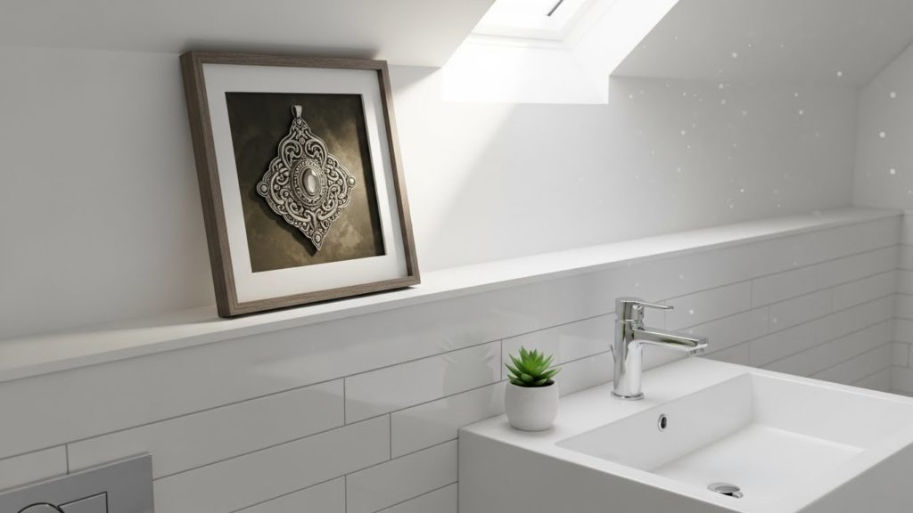 清潔なトイレの棚や壁の高い位置に、額装された護符が静かに飾られているイメージ