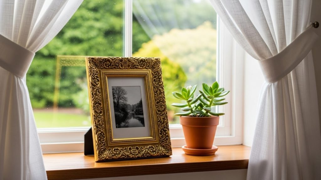 白いリネンのカーテンがかかった窓辺に、ゴールドのフォトフレームと小さな観葉植物が置かれている様子