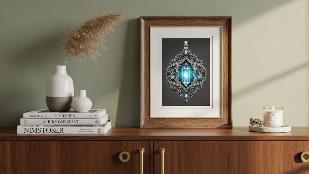 整えられたチェストの上に、モダンなインテリアのように飾られた「主護符(額装)」のイメージ