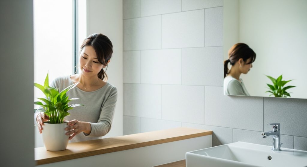 清潔なトイレに置かれた小さな観葉植物と、それを手入れする30代女性の手元