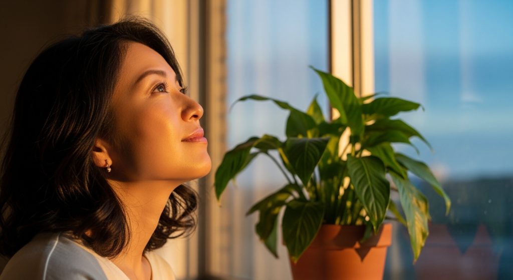 窓辺で日光浴をさせている観葉植物と、穏やかな表情で空を見上げる30代日本人女性