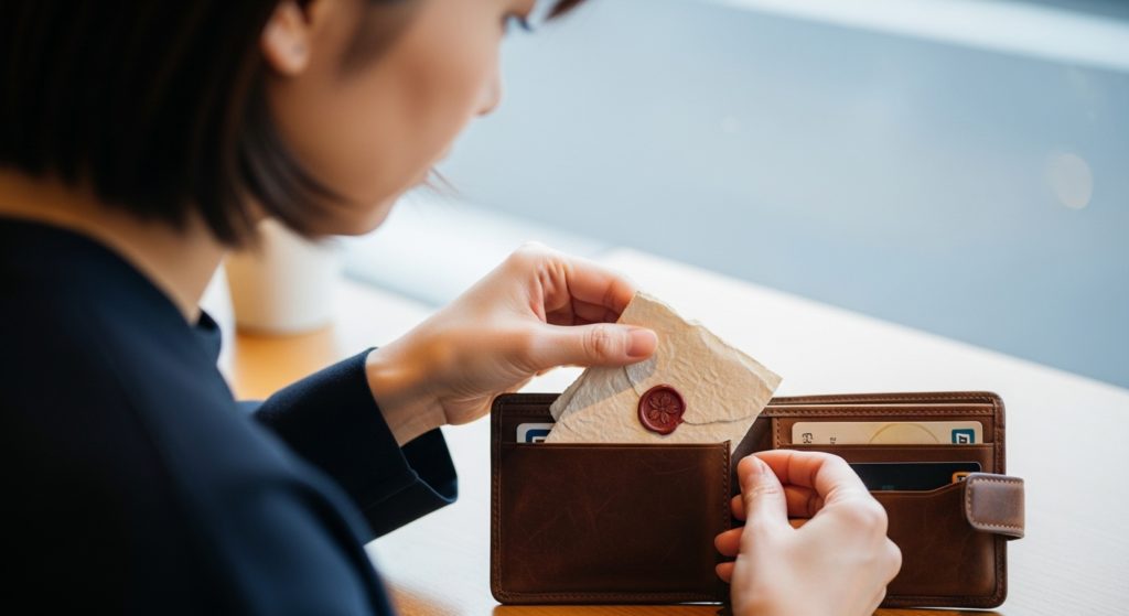 大切な手紙やお守りをバッグの内ポケットにそっとしまう30代女性の手元