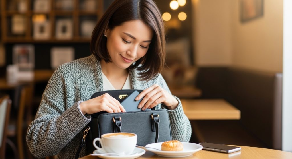 カフェで一息つきながら、バッグの中を確認して安心した表情を浮かべる30代日本人女性