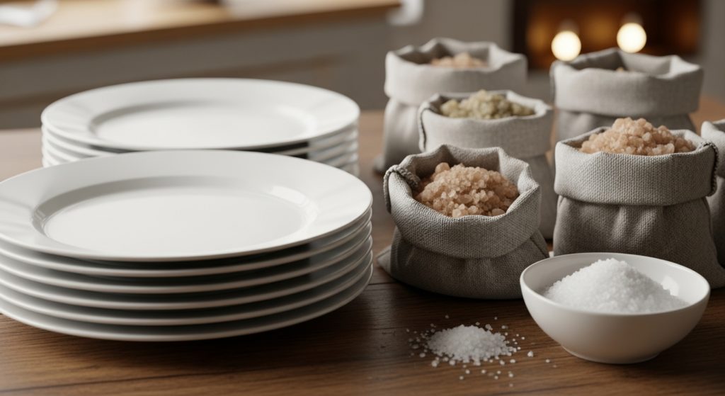 清潔な白い皿と、袋に入った天然塩がテーブルに置かれている準備シーン