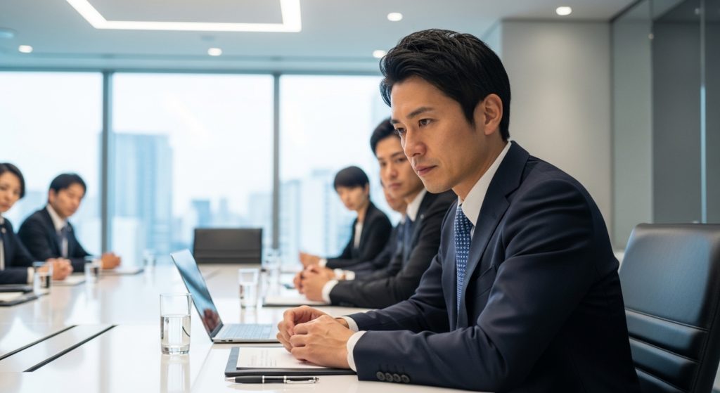 会議室で周囲の緊張を感じ取りながらも、静かに深呼吸をして自分の中心を保とうとする30代男性。葛藤の末に落ち着きを取り戻す表情。
