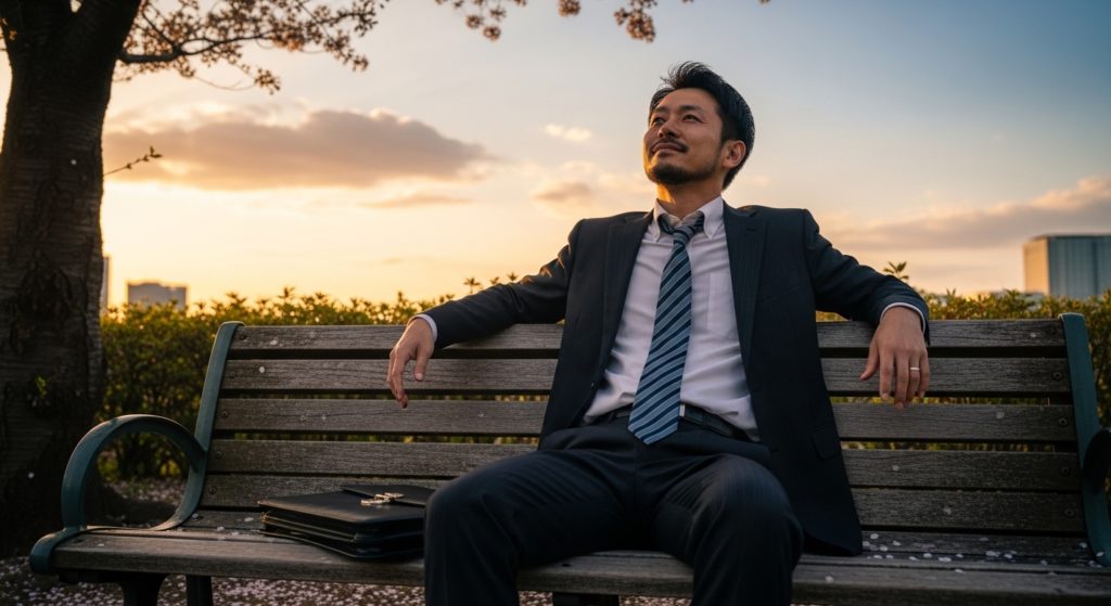 仕事終わりに公園のベンチで一人、重荷を下ろしたような穏やかな表情で空を見上げる男性。自分自身の心を取り戻した喜び。