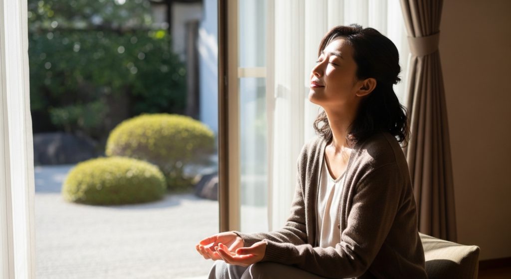 窓際で静かに座り、自分の呼吸に集中することで、長年の心の重荷がふっと軽くなった瞬間の安堵した表情を見せる30代女性。喜びと癒やしの調和。