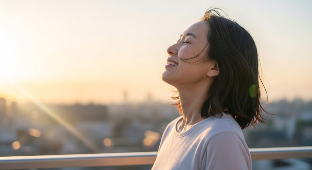 朝の澄んだ空気の中で深く安堵し、心からの笑顔で一日を迎えようとしている30代日本人女性。内側からの喜びが溢れる表情。