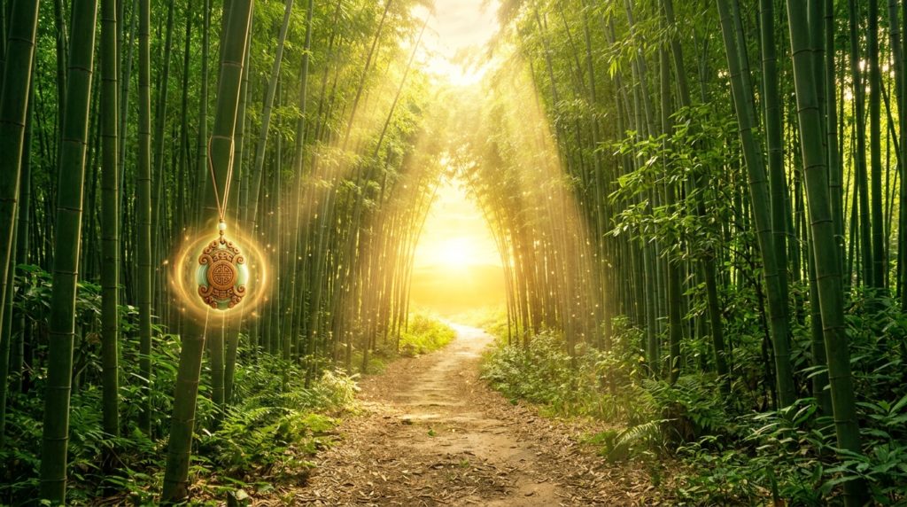 護符の導きにより、不安が晴れて金運と豊かな未来へ続く明るい道のイメージ