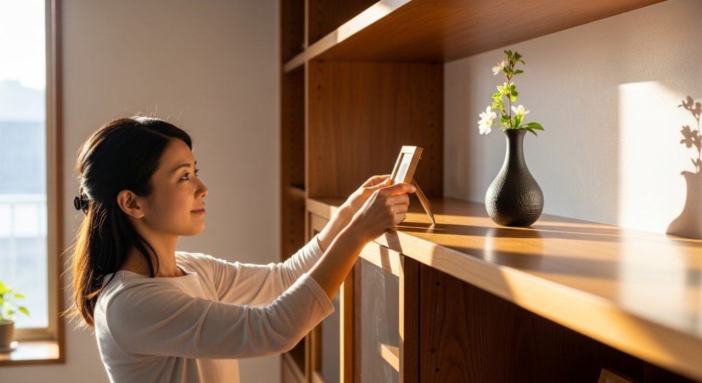 清潔な棚の上に、丁寧に置かれた護符とお花。30代女性が穏やかな表情でそれを見つめている。