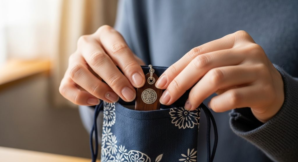 カバンの中の定位置に護符をそっとしまう手元。30代日本人女性の落ち着いた日常