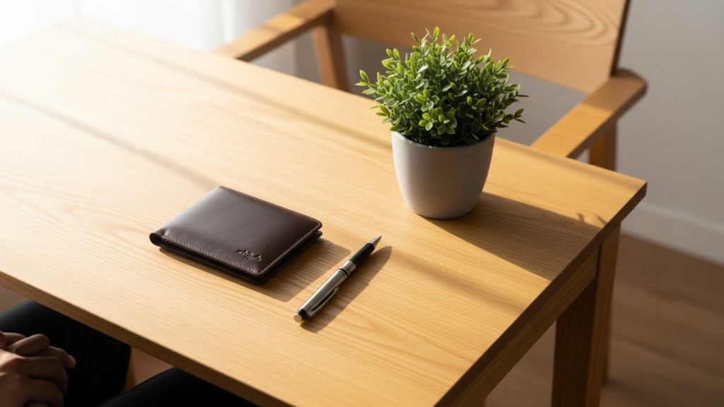 整理整頓された30代男性のデスクと財布
