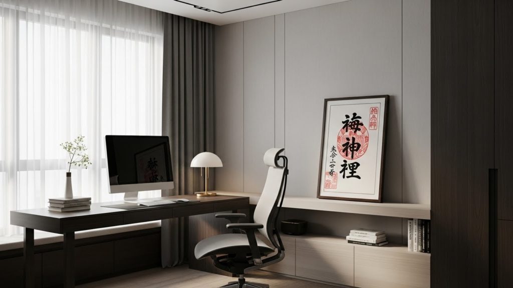 仕事部屋に飾られた命泉庵ご祈念堂の主護符