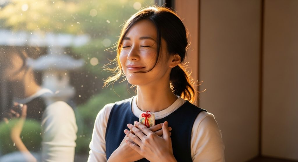 窓際で柔らかな日差しを浴びながら、お守りを手にして「見つかった」という喜びと安堵の表情を見せる30代女性