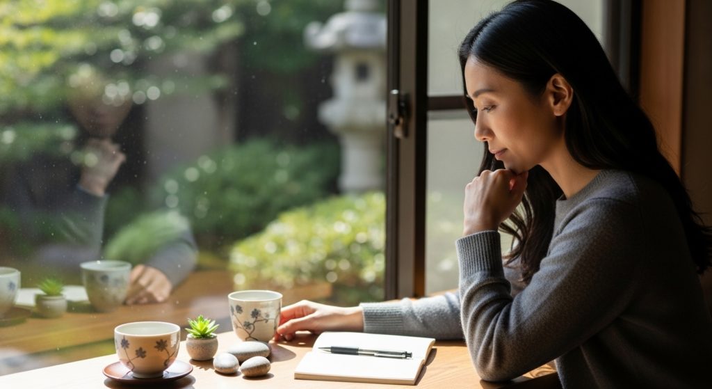 窓辺で静かに考え事をする30代女性。机の上には丁寧に整えられた小物がある。