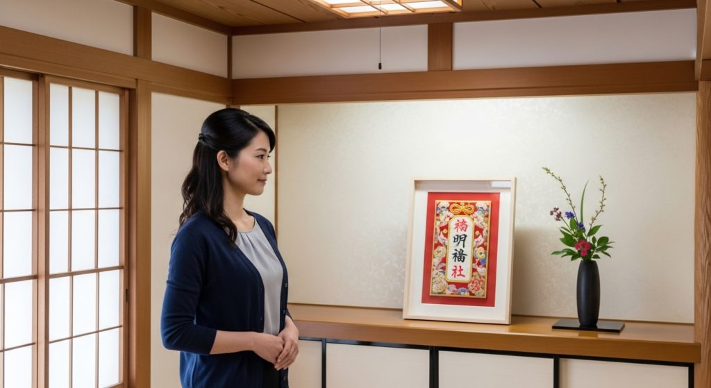 部屋に飾られた額入りの護符と、それを穏やかな表情で見つめる30代日本人女性